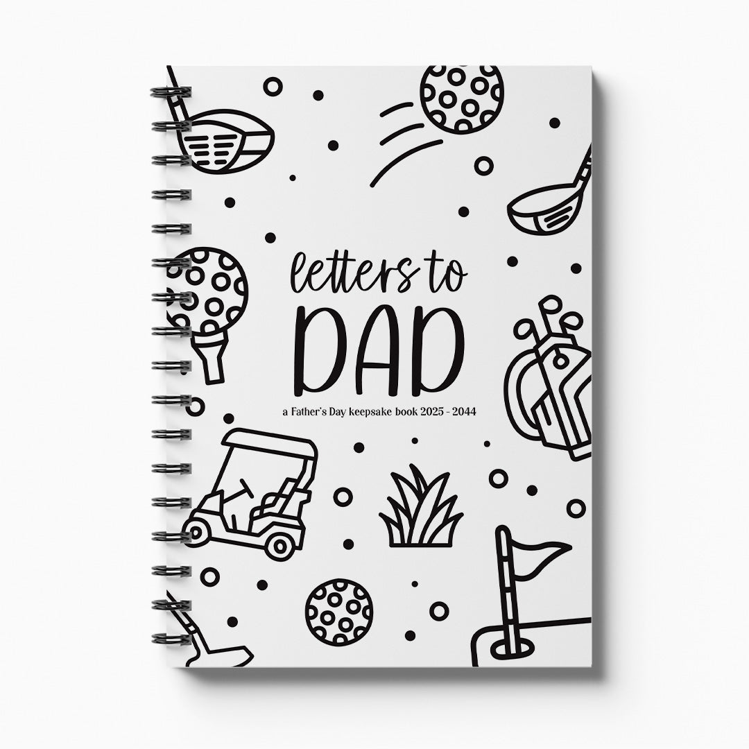 fathers day keepsake Notebook titled 'Letters to Dad' with black and white golf themed illustrations on a white background