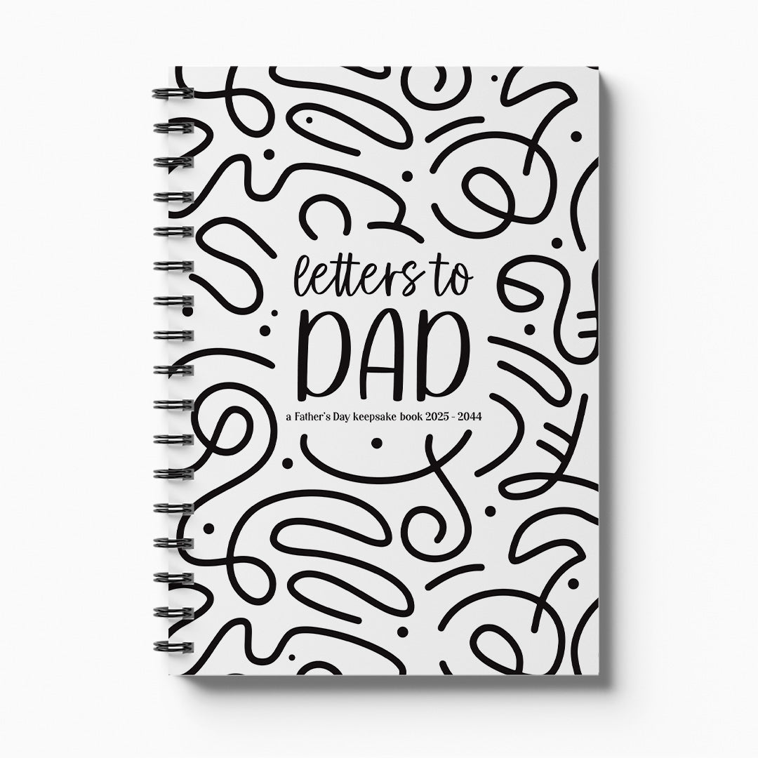 fathers day keepsake notebook journal titled 'Letters to Dad' with black squiggle abstract patterns on a white background