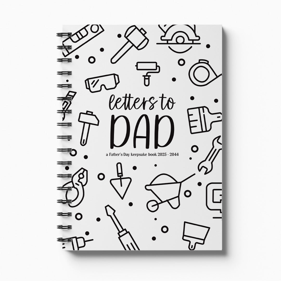 fathers day keepsake Notebook with black line art illustrations of tools and 'letters to DAD' text on a white background