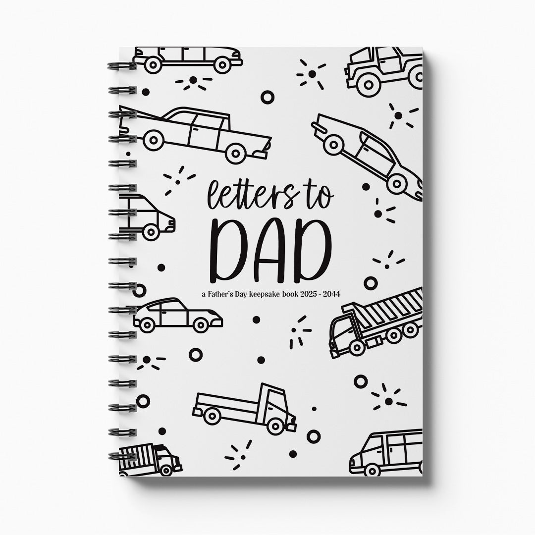 fathers day keepsake journal with black and white vehicle illustrations and 'letters to DAD' text on a white background