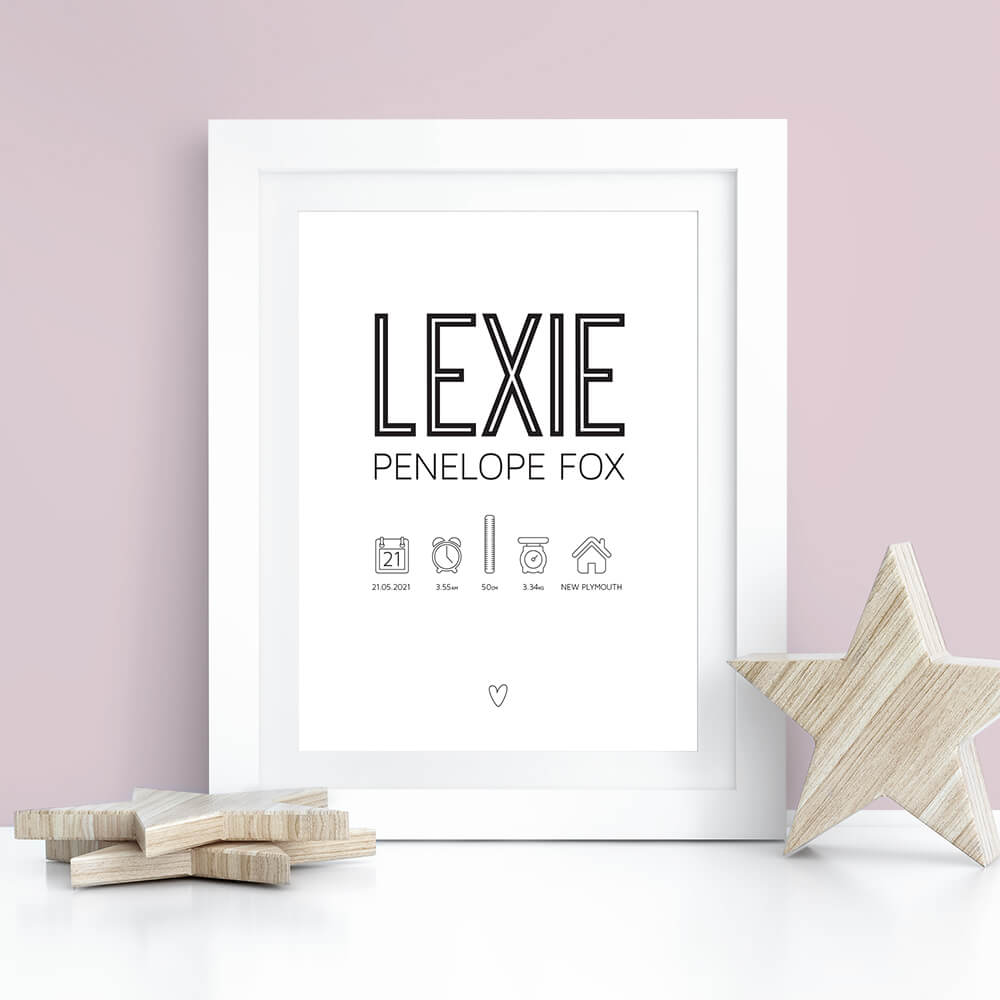 A white framed classic birth print, personalized baby print featuring the name 'LEXIE' and the name 'PENELOPE FOX' with small birth and location icons below, styled on a white surface against a soft pink background with wooden star props, by Paper Heart Design