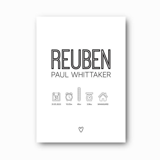 Classic Birth Print personalised baby birth print black text and icons on white background, NZ designed newborn keepsake by Paper Heart Design