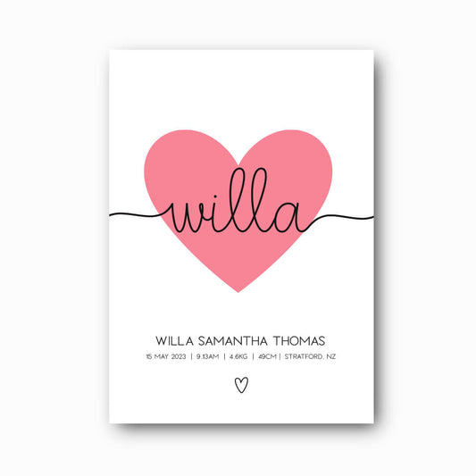 Essence Birth Print personalised baby birth print with pink heart feature and black script name on white background, newborn keepsake by Paper Heart Design