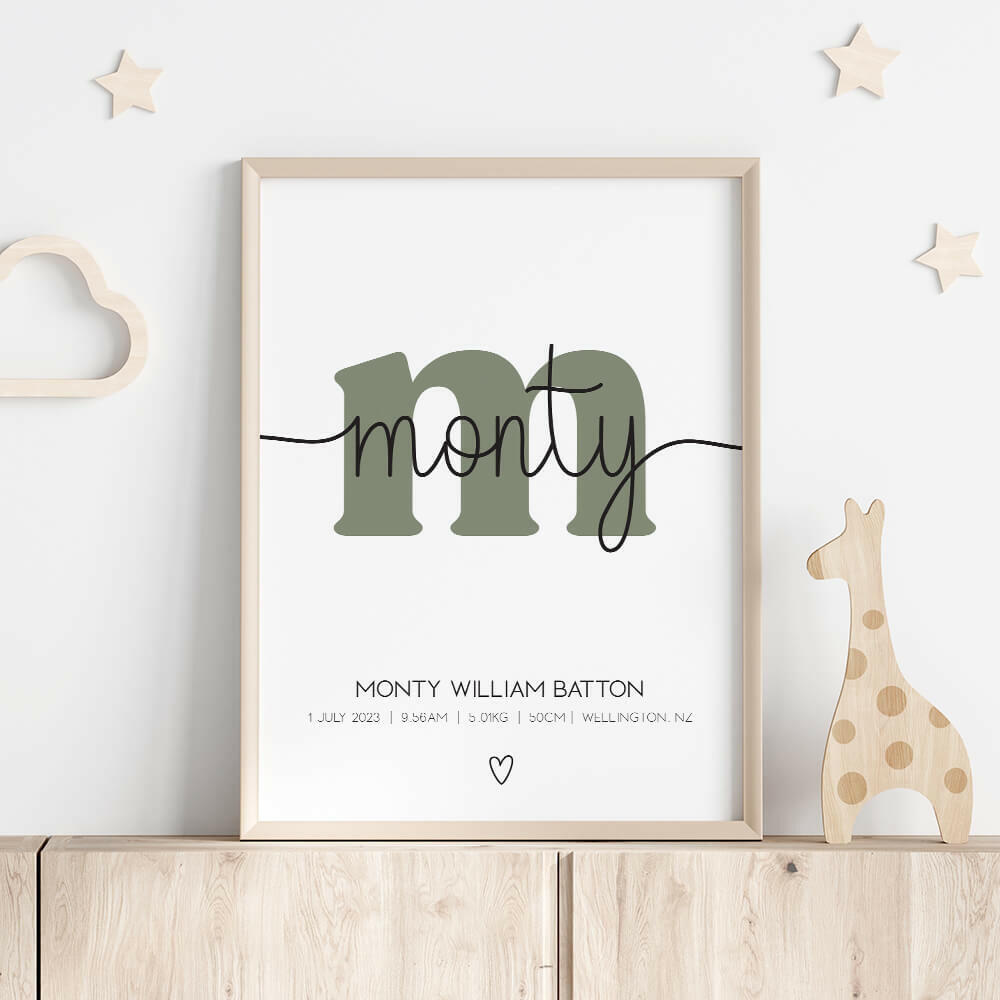 Essence Birth Print personalised baby birth print with sage green initial feature framed on wooden shelf with giraffe figure, nursery wall art by Paper Heart Design