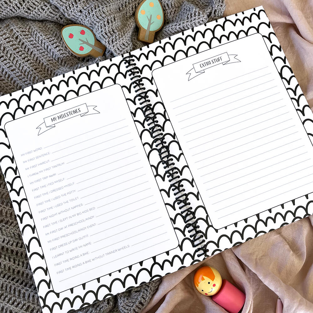 'Little Me' Toddler Milestone keepsake journal style notebook, showing internal pages my milestones and extra stuff with a patterned border, flat lay on a pink and grey background with wooden leaves and people toys