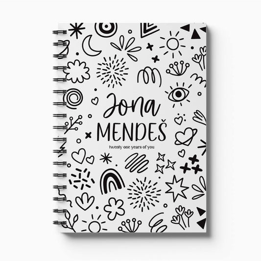 Personalised 21 Years Keepsake Book with monochromatic Doodles cover sample on white background, custom birthday letter keepsake by Paper Heart Design NZ