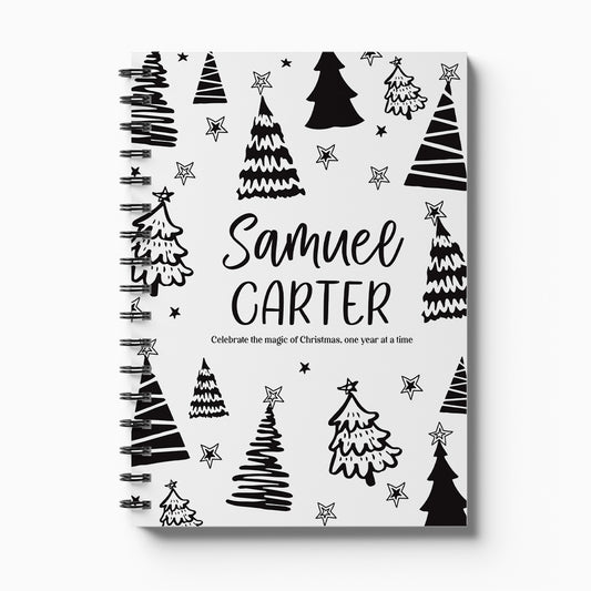 Personalised Christmas Memories keepsake book with Christmas trees cover in black and white on white background, custom Christmas memory book by Paper Heart Design NZ