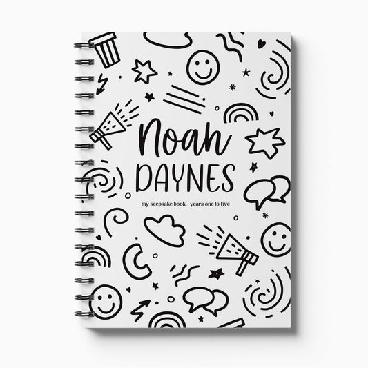 Personalised Little Me toddler milestone book with Smiles design and child's name on white background, custom toddler keepsake by Paper Heart Design NZ