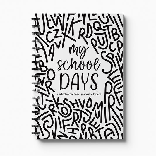 School Record Book with monochromatic Graffiti cover on white background, NZ designed school memory book by Paper Heart Design