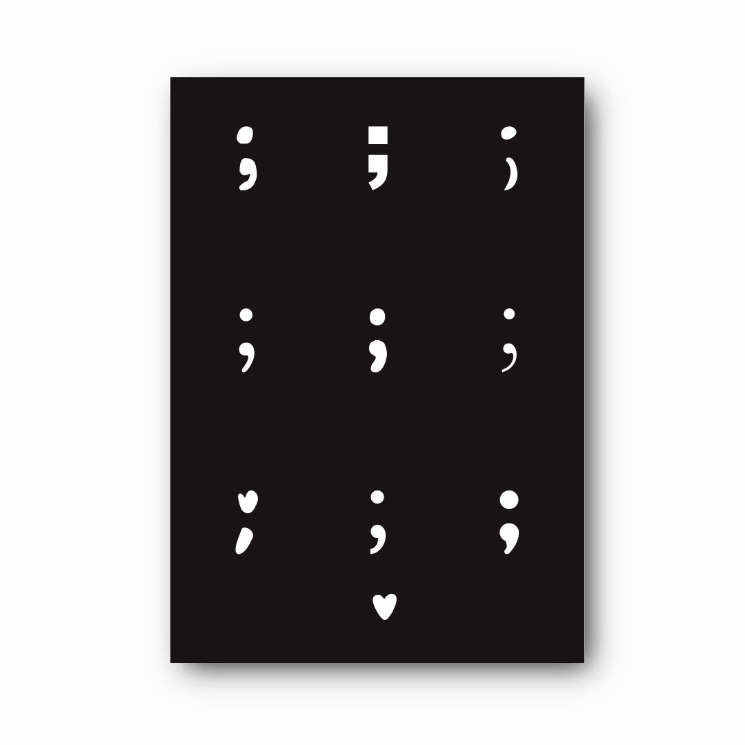 Semicolon print in white on black, mental health awareness wall art by Paper Heart Design NZ