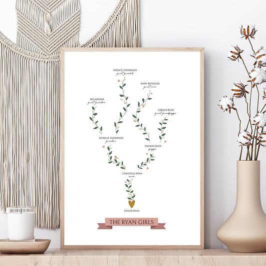 Single Branch Family Tree Print in white framed on shelf with white vase, dried bunny tails and candle, macrame wall hanging behind, by Paper Heart Design NZ