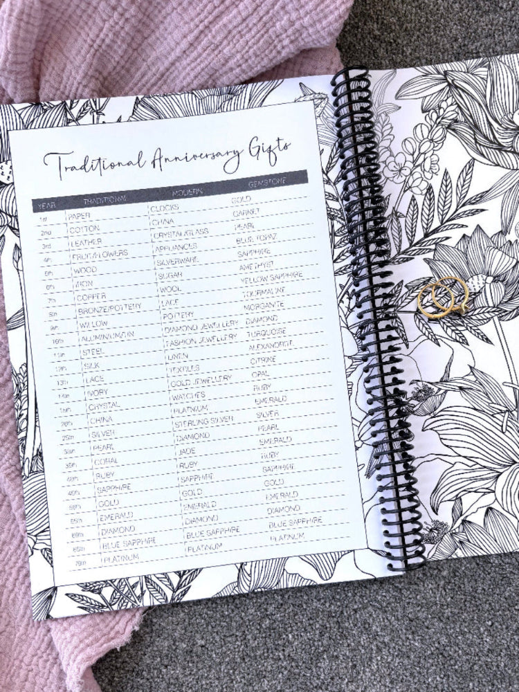 You and Me Anniversary keepsake book open to back page showing traditional and modern anniversary gifts list, gold rings on pink and grey fabric, by Paper Heart Design NZ
