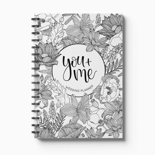 You and Me keepsake wedding planner with floral cover on white background, NZ designed engagement gift by Paper Heart Design