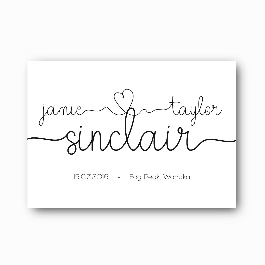You and Me typographic wedding print with script first names connected by heart, script surname and sans serif date and location in black on white, personalised wedding keepsake by Paper Heart Design NZ