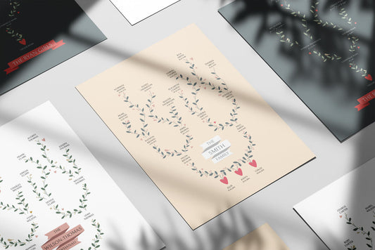 Paper Heart Design personalised family tree print collection showing multiple designs and colourways including stone, slate and white, NZ family heritage keepsakes