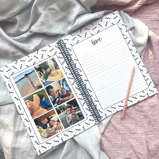 21 Years Keepsake Book open to five years old pages with photos, pencil, birthday letter keepsake by Paper Heart Design