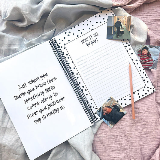 21 Years Keepsake Book open to How It All Began pages with photos and pencil, memory book by Paper Heart Design