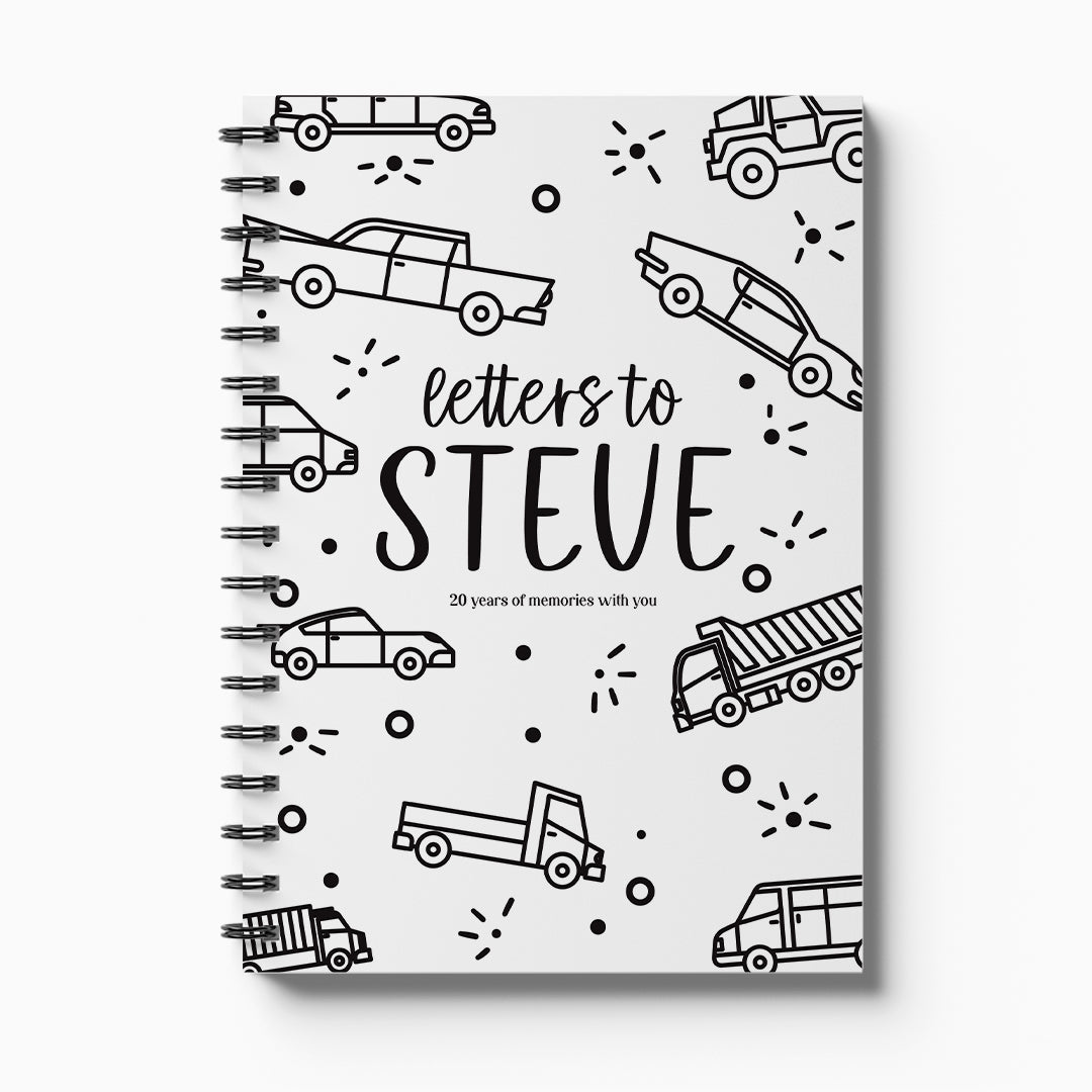 Fathers day keepsake Notebook with black and white illustrations of vehicles and text 'letters to STEVE' on a white background