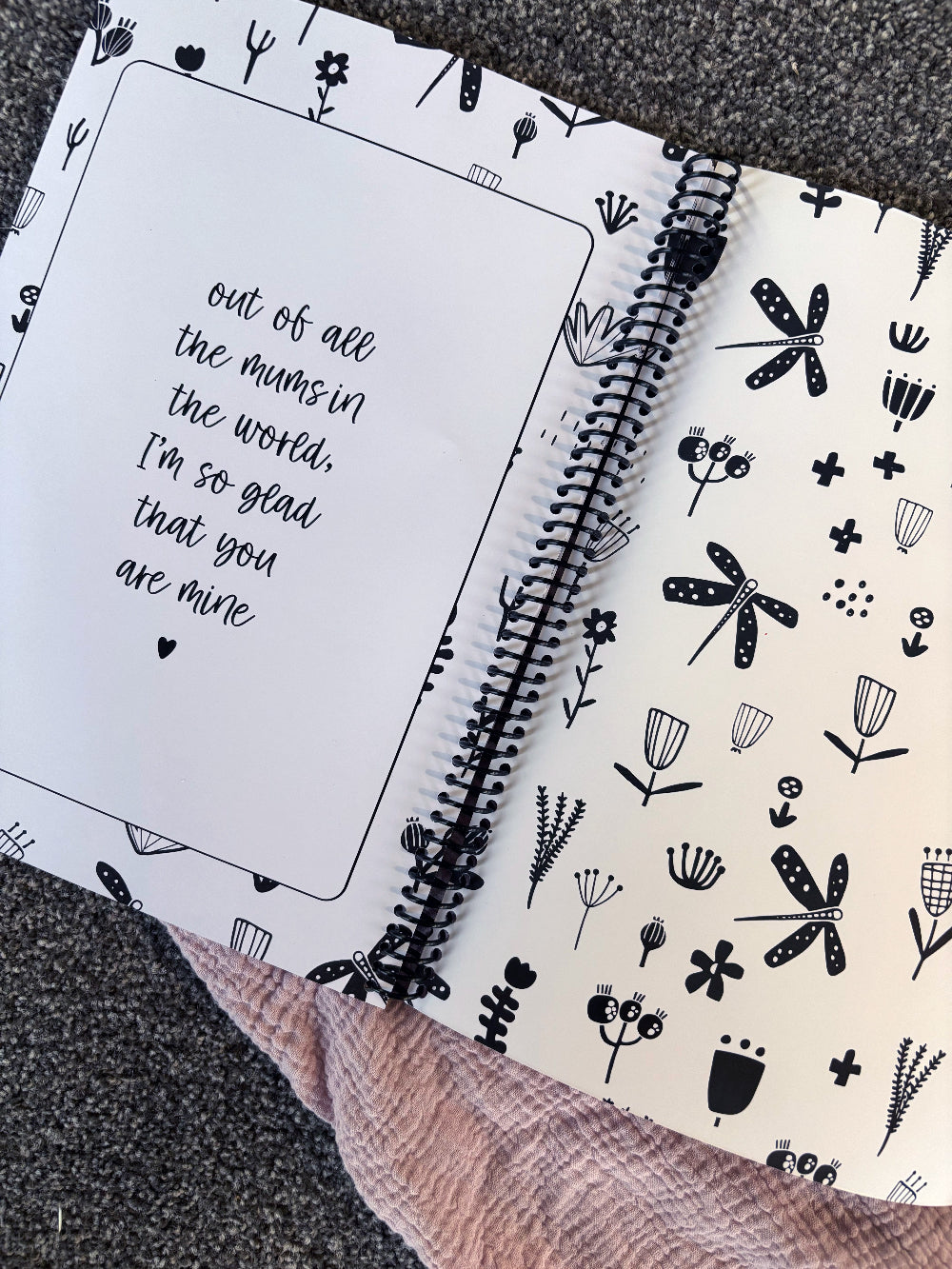 Letters to Mum keepsake book close up of back page poem to Mum flat lay on grey and pink fabric with dried flowers, by Paper Heart Design NZ