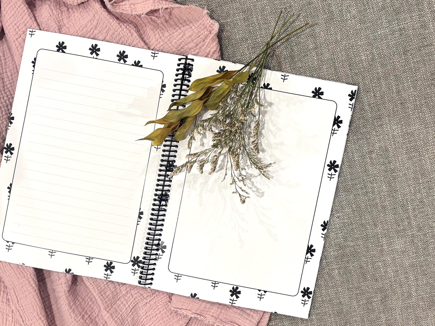 Letters to Mum keepsake book open to internal pages showing lined and blank space for letters and photos, flat lay on grey surface with pink fabric and dried flowers, by Paper Heart Design NZ