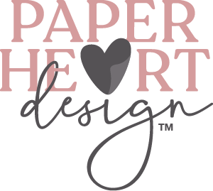 Paper Heart Design logo with pink, bold, capital ,serifed font, grey heart with fold detail, and grey script font, TM