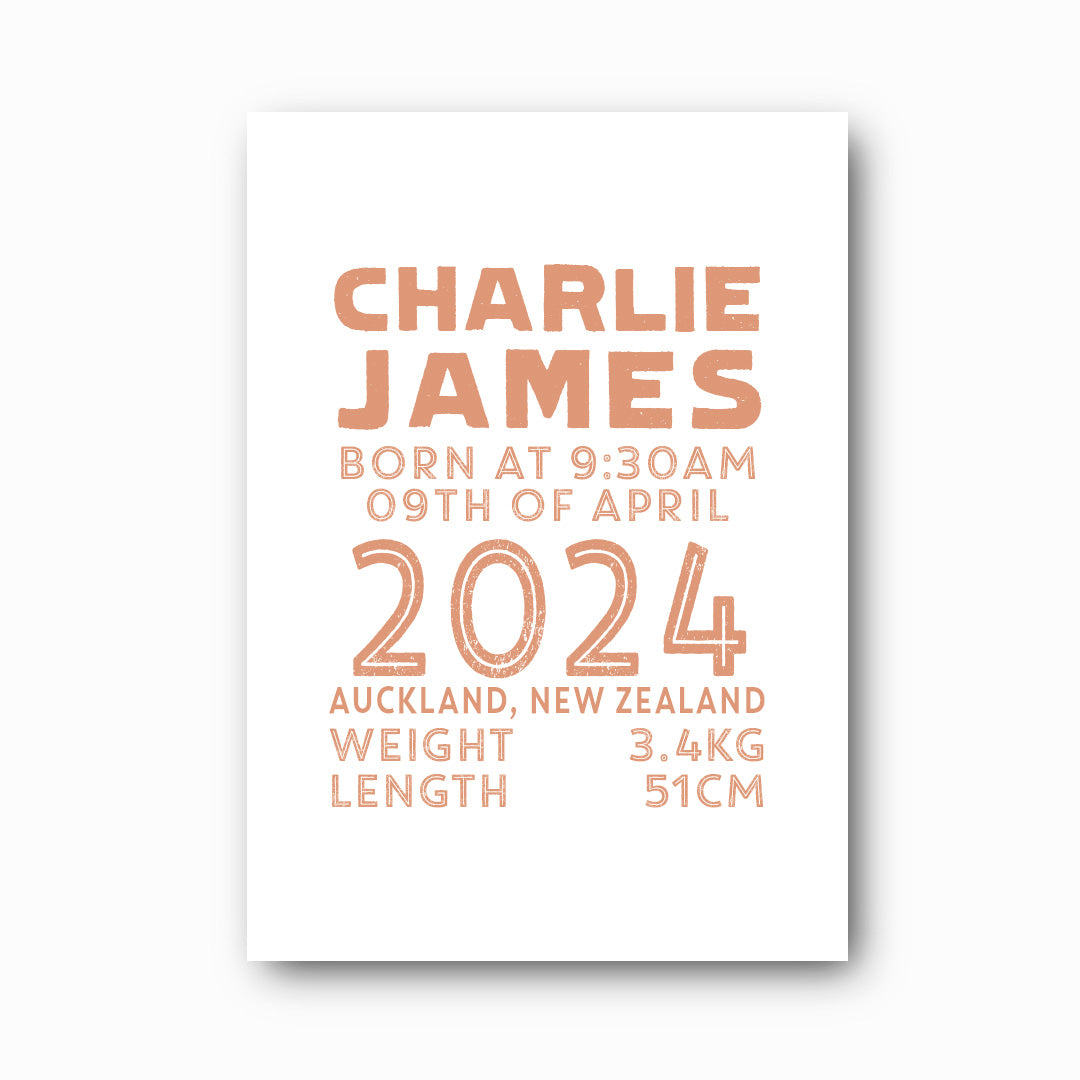 Statement Birth Print personalised baby birth print with clay text on white background, bold modern nursery keepsake by Paper Heart Design NZ