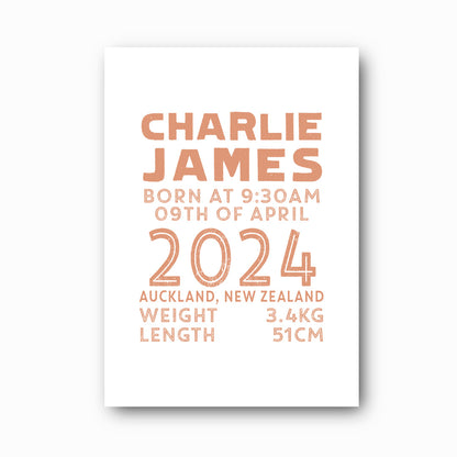 Statement Birth Print personalised baby birth print with clay text on white background, bold modern nursery keepsake by Paper Heart Design NZ