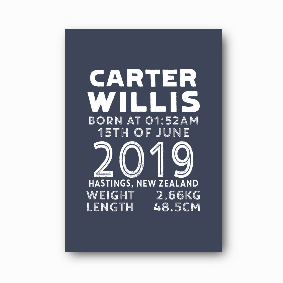 Statement Birth Print personalised baby birth print with white text on dusk blue background, bold modern nursery keepsake by Paper Heart Design NZ
