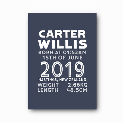 Statement Birth Print personalised baby birth print with white text on dusk blue background, bold modern nursery keepsake by Paper Heart Design NZ