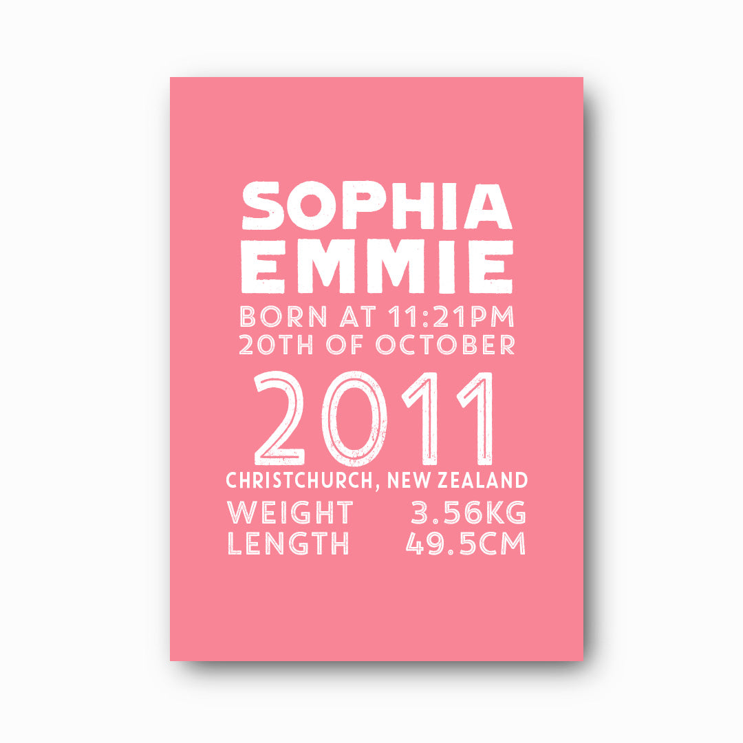 Statement Birth Print personalised baby birth print with white text on lipstick pink background, bold modern nursery keepsake by Paper Heart Design NZ
