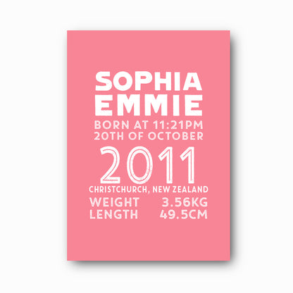 Statement Birth Print personalised baby birth print with white text on lipstick pink background, bold modern nursery keepsake by Paper Heart Design NZ