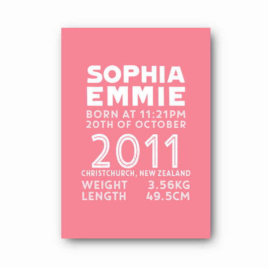 Statement Birth Print personalised baby birth print with white text on lipstick pink background, bold modern nursery keepsake by Paper Heart Design NZ