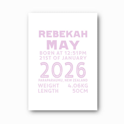 Statement Birth Print personalised baby birth print with petal text on white background, bold modern nursery keepsake by Paper Heart Design NZ