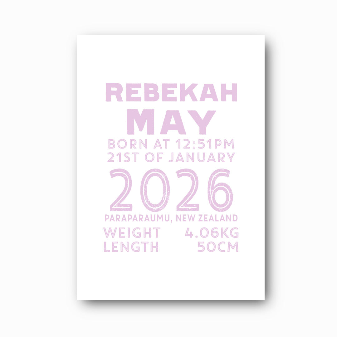 Statement Birth Print personalised baby birth print with petal text on white background, bold modern nursery keepsake by Paper Heart Design NZ