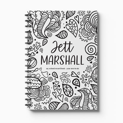 Personalised My School Days primary school record book with Doodles cover and child's name, Year 0 to 6 on white background, by Paper Heart Design NZ