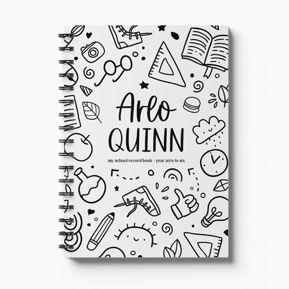 Personalised My School Days primary school record book with Schoolies cover and child's name, Year 0 to 6 on white background, by Paper Heart Design NZ