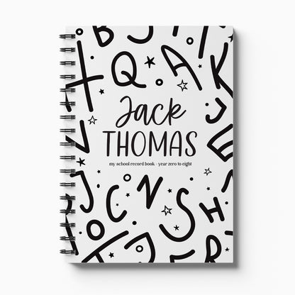 Personalised My School Days primary school record book with Alphabet cover and child's name, Year 0 to 8 on white background, by Paper Heart Design NZ