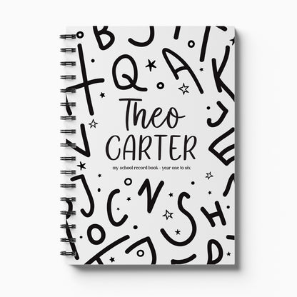 Personalised My School Days primary school record book with Alphabet cover and child's name, Year 1 to 6 on white background, by Paper Heart Design NZ