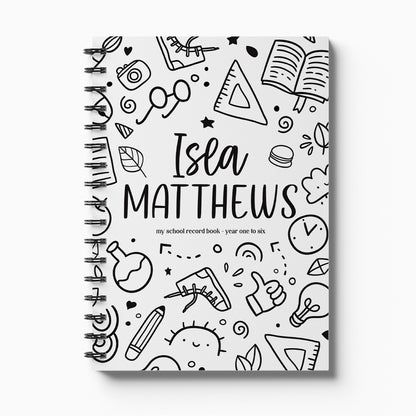 Personalised My School Days primary school record book with Schoolies cover and child's name, Year 1 to 6 on white background, by Paper Heart Design NZ