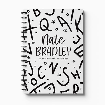 Personalised My School Days primary school record book with Alphabet cover and child's name, Year 1 to 8 on white background, by Paper Heart Design NZ