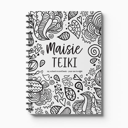 Personalised My School Days primary school record book with Doodles cover and child's name, Year 1 to 8 on white background, by Paper Heart Design NZ