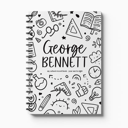 Personalised My School Days primary school record book with Schoolies cover and child's name, Year 1 to 8 on white background, by Paper Heart Design NZ