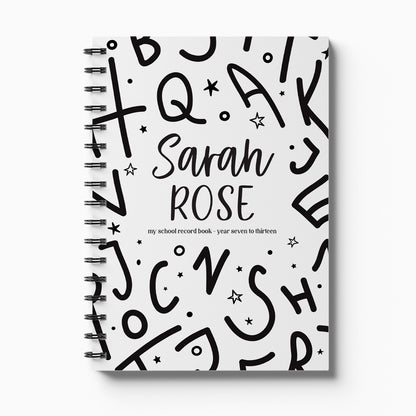 Personalised My School Days high school record book with Alphabet cover and child's name, Year 7 to 13 on white background, by Paper Heart Design NZ