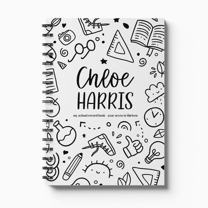 Personalised My School Days high school record book with Schoolies cover and child's name, Year 7 to 13 on white background, by Paper Heart Design NZ