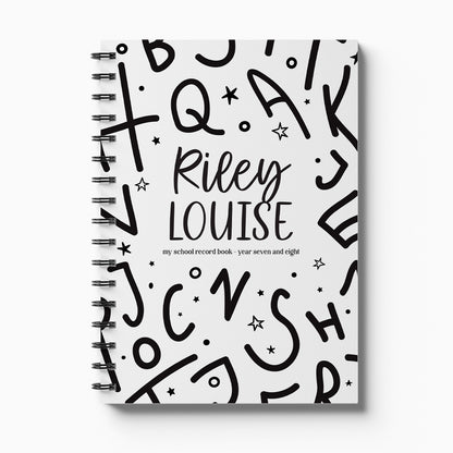 Personalised My School Days intermediate school record book with Alphabet cover and child's name, Year 7 to 8 on white background, by Paper Heart Design NZ