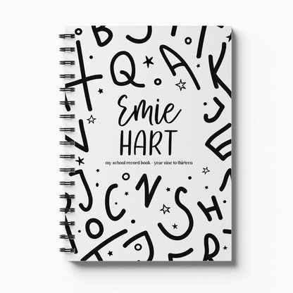 Personalised My School Days high school record book with Alphabet cover and child's name, Year 9 to 13 on white background, by Paper Heart Design NZ