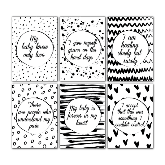Free baby loss affirmation cards showing six sample designs from the 24 card set, printable grief support cards created in collaboration with Sands NZ by Paper Heart Design
