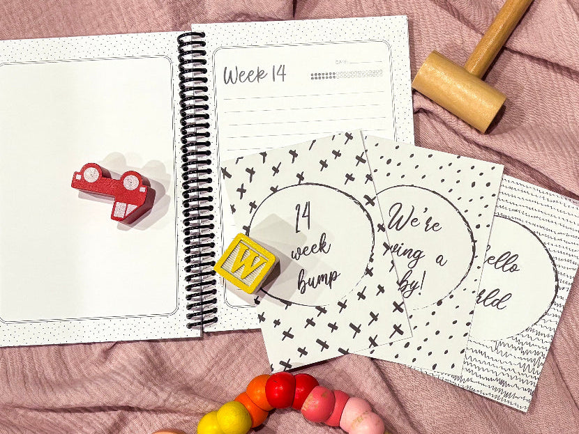 Downloadable bump milestone cards on open Bump to Bubba pregnancy journal at week 14 pages, printable milestone cards by Paper Heart Design