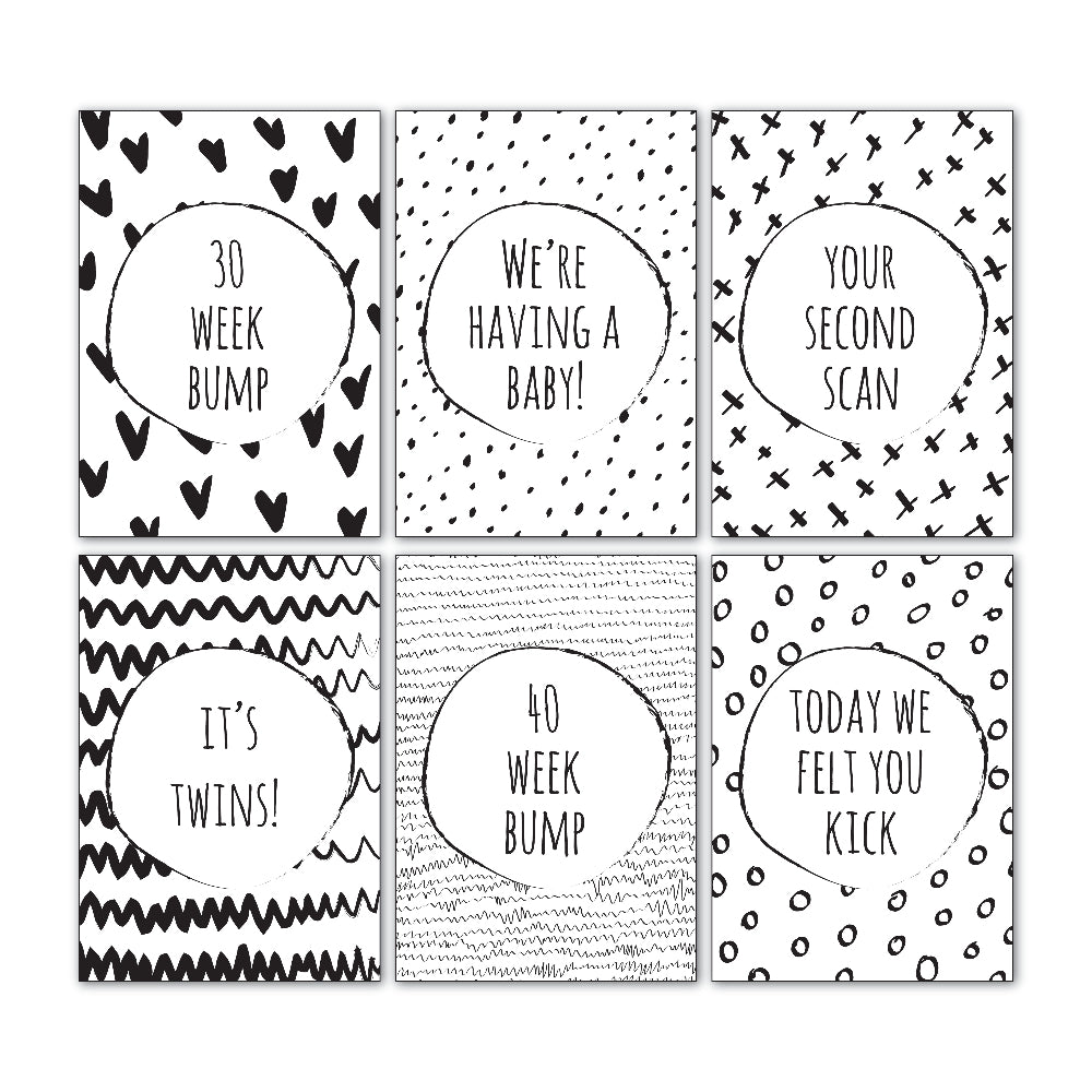 Downloadable bump milestone cards showing six sample designs from the 30 card set, handwriting font, printable pregnancy milestone cards by Paper Heart Design