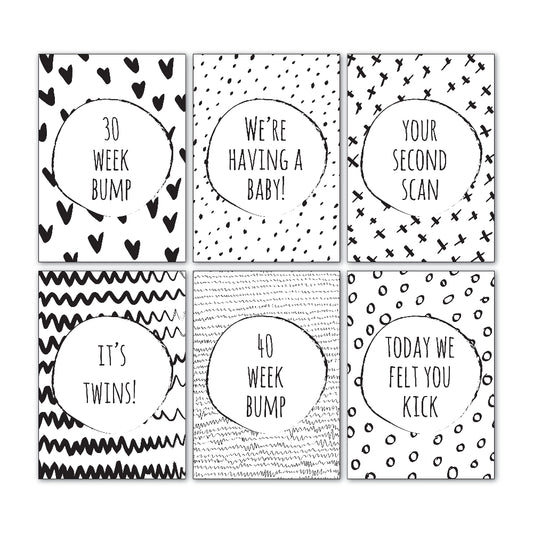Downloadable bump milestone cards showing six sample designs from the 30 card set, handwriting font, printable pregnancy milestone cards by Paper Heart Design